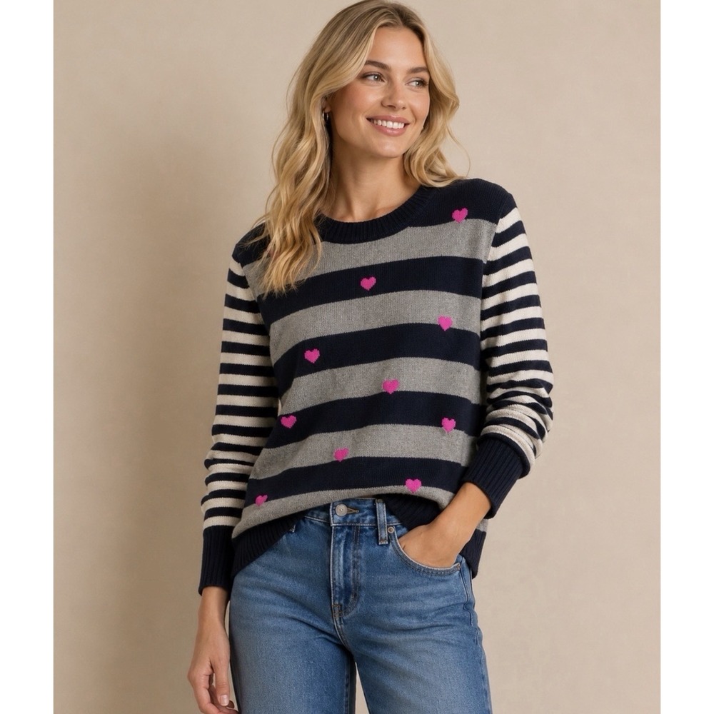 Lisa Todd Skip A Beat M Multi-Stripe Navy Gray Embroidered Hearts Sweater *flaw